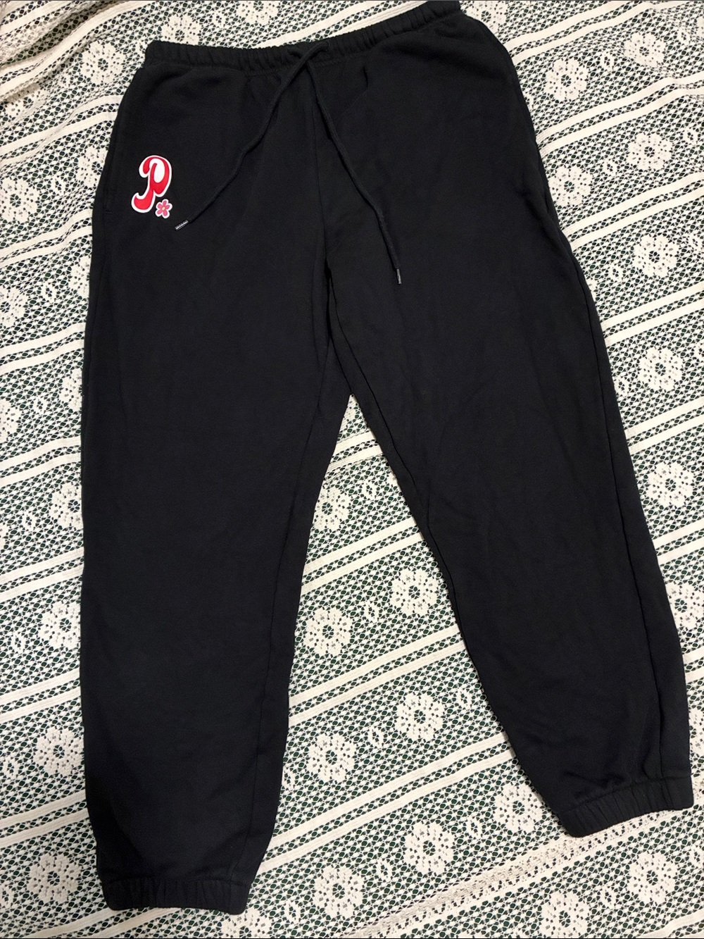 Cropped Black Parade Sweatpants Joggers with Pink 'P' Logo and flower
